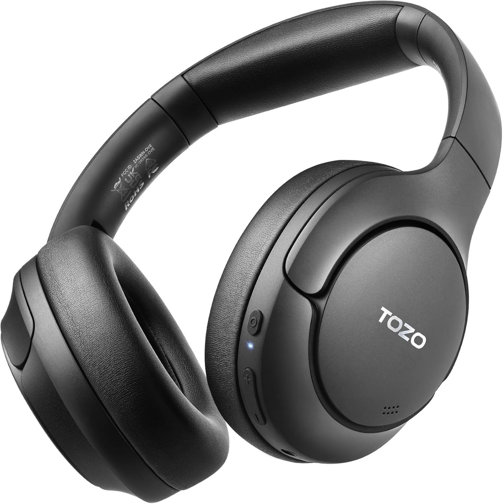 TOZO HT2 Hybridný aktívny hluk Zrušiť slúchadlá, bezdrôtové cez slúchadlá Bluetooth, 60H Playtime, Hi-Res Audio Custom EQ cez App Deep Bass Comfort Fit Ear Cup, pre Home Office Travel Black
