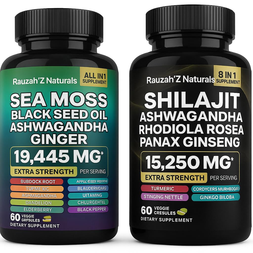 Morské Moss a Shilajit Bundle - Morské Moss, Čierny olej zo semien, Ashwagandha, Ginger & Shilajit, Rhodiola Rosea, Panax Ginseng