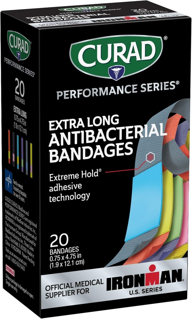 CURAD Performance Series IRONMAN Antibakteriálne pásy, Extreme Hold Adhesiave Technology, Extra Long Flexible Fabric Bandáže pre rezy, Šroty, & Burns, rozmanité farby, 0,75 x 4,75 palca, 20 Počet