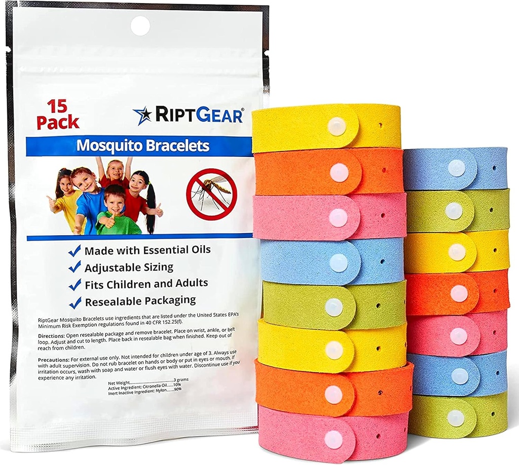 RiptGear Mosquito Bracelets - 15 Balíček Mosquito Bracelets pre deti a dospelých, Insect Brakelet, Citronella Wristban - DEET Free Mosquito Wristbands, Kempingové príslušenstvo