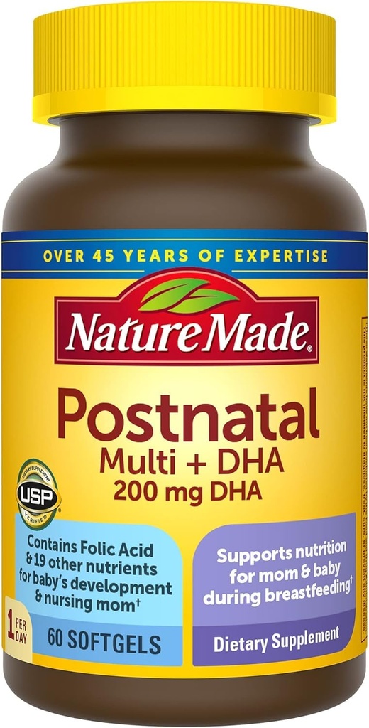 Nature Made Postnatal Multivitamín + DHA 200 mg, 60 Softgels, na podporu ošetrovateľskej matky a deti počas dojčenia, postnatálne vitamíny a živiny vrátane železa, vitamín D3, vápnik, jód