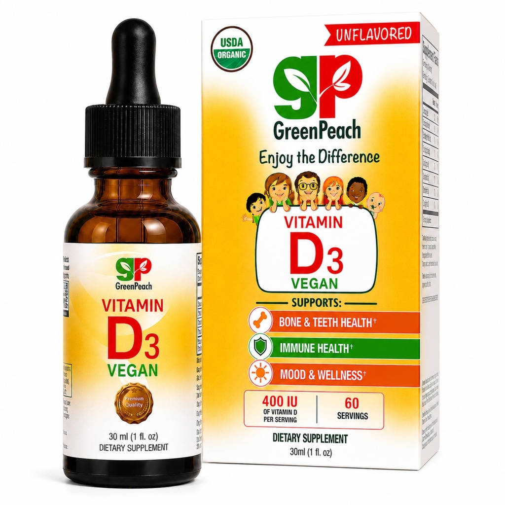 GreenPeach Liquid Vegan Organic Vitamín D 400 až 1600 IU - D3 kvapky pre batoľa, Deti, deti a dojčatá, Vitamín D Detské kvapky, Prírodné, 60 Servisné