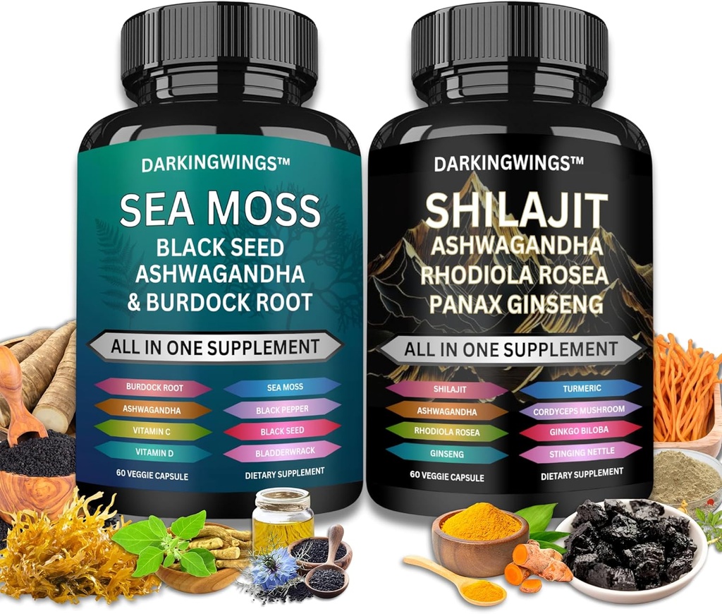 Shilajit a morské machy combo - Sea Moss 3000mg, Black Seed Oil 2000mg, Ashwagandha 2000mg, Shilajit 9000mg, Rhodiola Rosea1000mg,Panax Ginseng1500mg