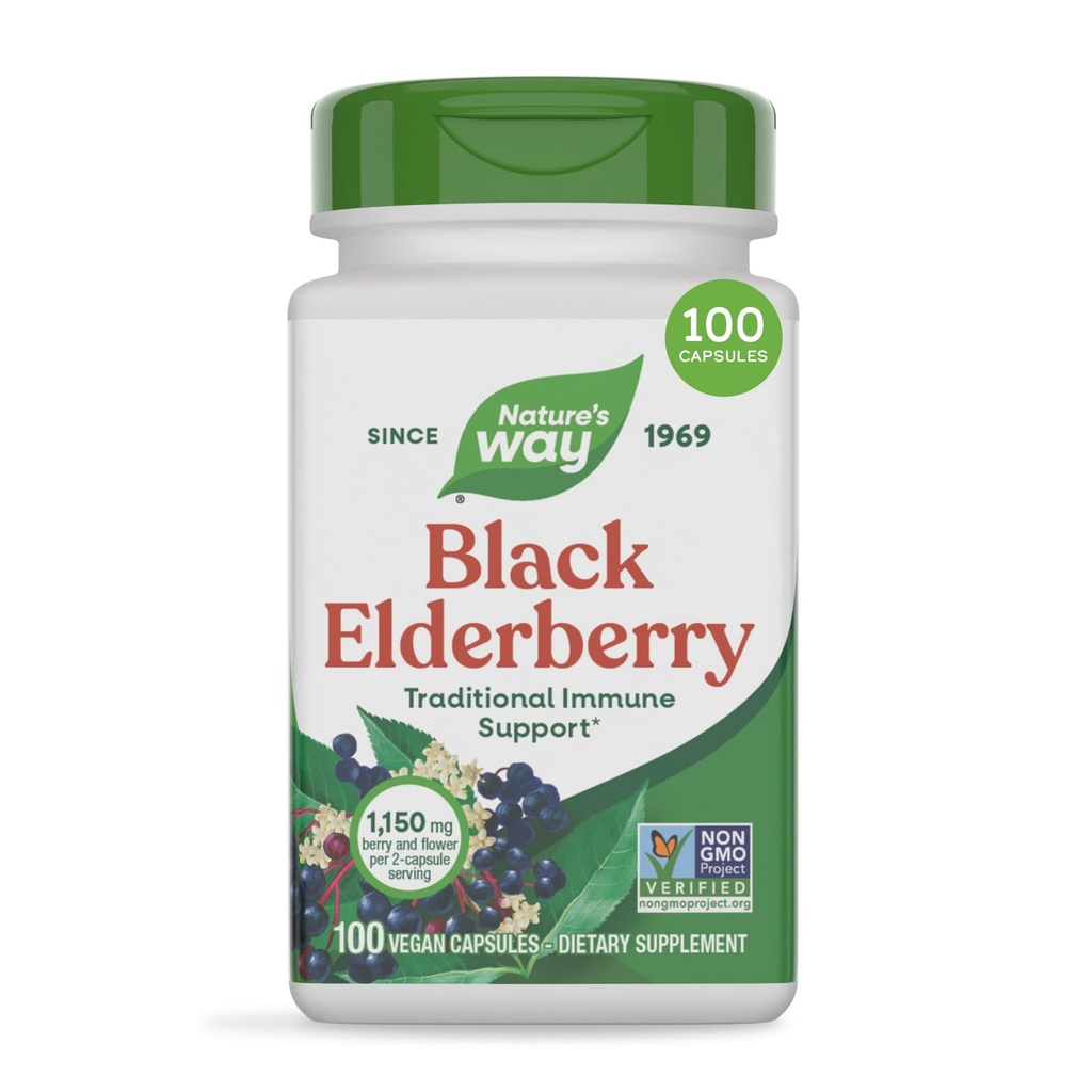 Nature's Way Black Elderberry Capsules, Traditional Immune Support* Supplement with Elderberry and Elderflower, Plant Powered, 100 Kapsule (Backaging May Vary)