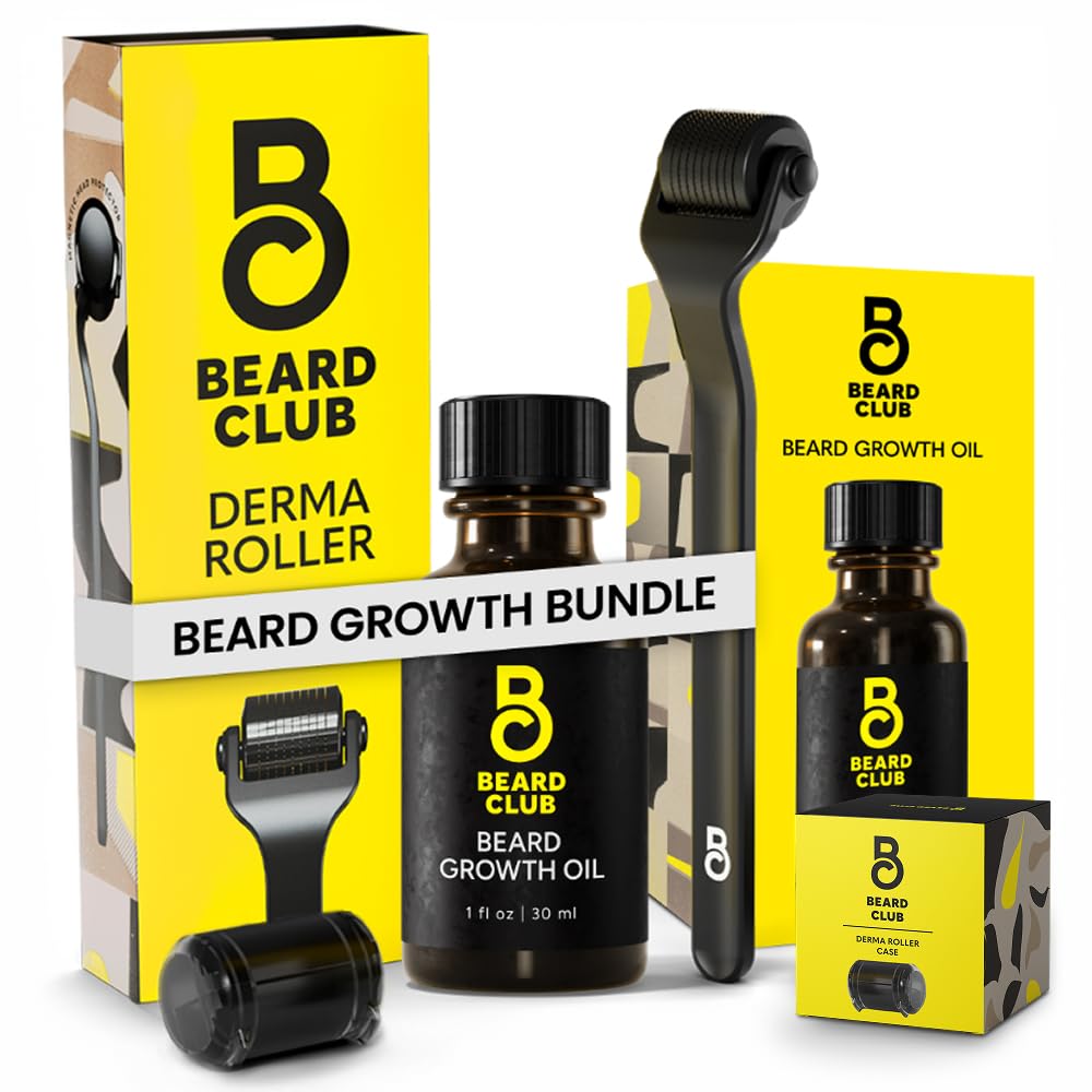 Beard Club Premium Derma Valček a medvedí rastový olej - Mikroneedleling Valček s 540 titánových mikroneedles pre tvár, telo a skalp - Brada Valček so santalwoodom a medvedím olejom