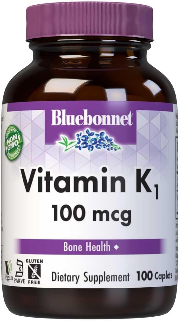 Bluebonnet Vitamín K1 100 μg podporuje zdravie kostí - Fylochinón Crystalline Vitamín K doplnok - non-GMO, Košer Certified, Gluten-free, Dairy-Free - 100 Vegan Caplets