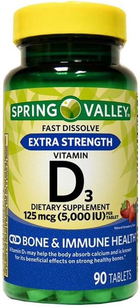 Extra sila Vitamín D3 Rýchle rozpustené tablety Diétne doplnky, 125 Mcg (5 000 IU), Jahodová chuť, 90