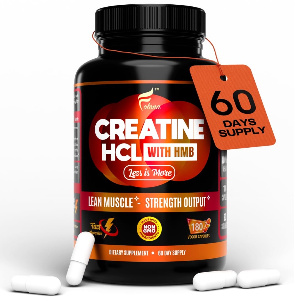Kreatin HCL Kapsule s HMB - Cvičenie Supplement pre mužov a ženy, Svaly Builder, Vytrvalosť, Sila, Superior to Monohydrát: Instantné pre Max Absorbcie, No Load, No Bloat, 180 Vegan Kapsule
