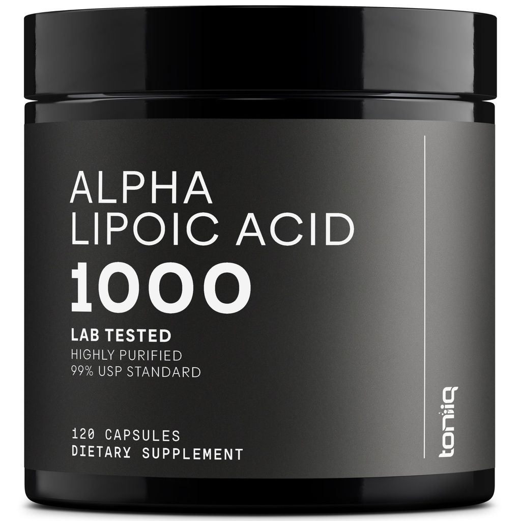 Toniiq 1000mg Ultra vysoká sila Alpha Kyselina lipová Kapsule - Vysoko očistené 99%+ USP Standard - 120 Kapsule ALA Supplement