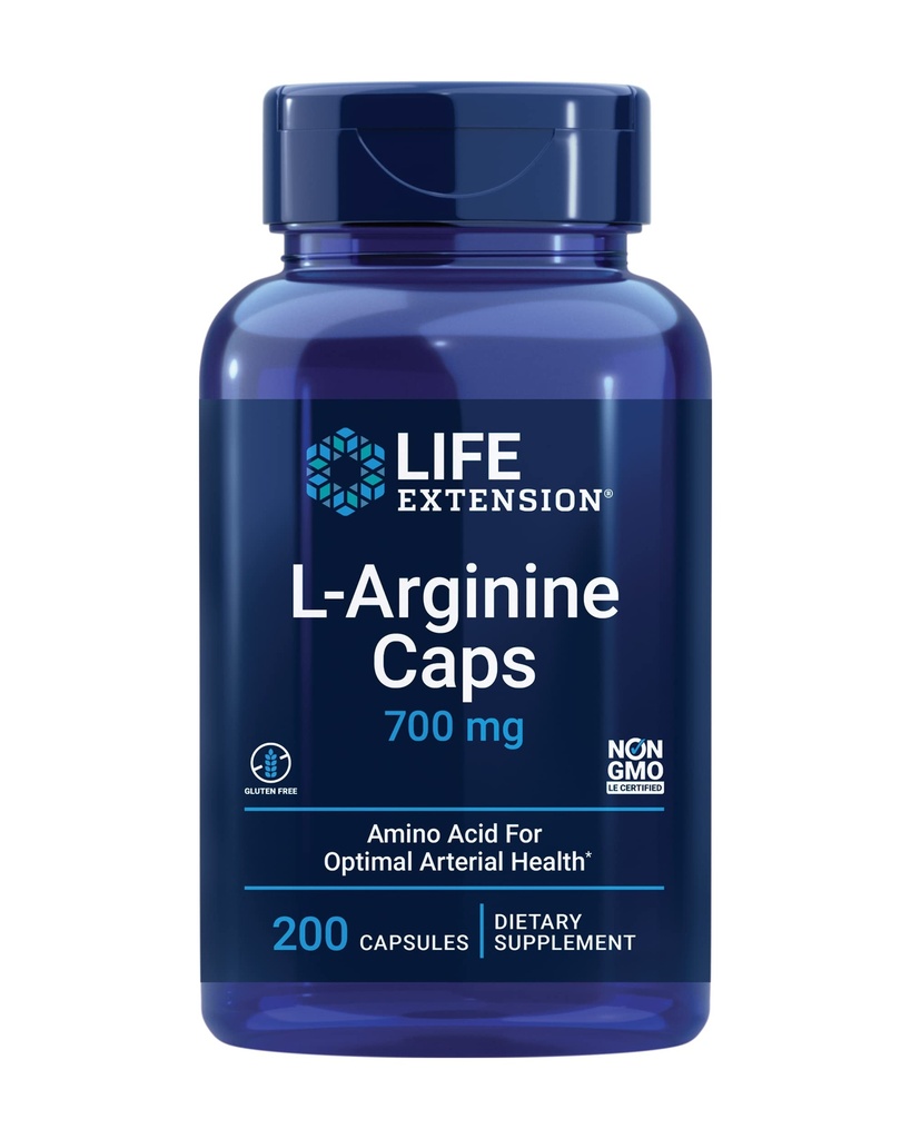 Life Extension L- Arginine Caps, 700 mg, Vitamín C & Amino Acid pre optimálne arteriálne zdravie, podporuje zdravie srdca a imunitného systému, zdravé tkanivo a kosti, bez lepku, non- GMO, 200 kapsúl