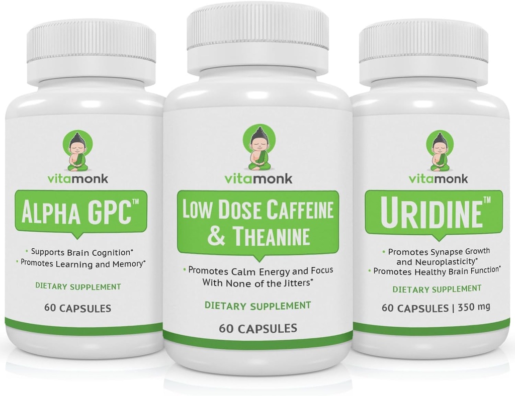 VitaMonk Brain Boost Bundle - Alpha GPC, Uridín a kofeín s nízkou dávkou + L-theanine Duo