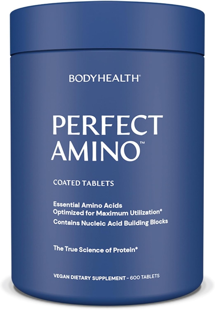TeloHealth PerfectAmino (600 ct) Ľahko prehltnúť tablety, Essential Amino Acides Supplement with BCAAs, Vegan Protein for Pre/Post Cvičenie a svalové zotavenie s Lyzín, Tryptophan, Leucín, Metionín