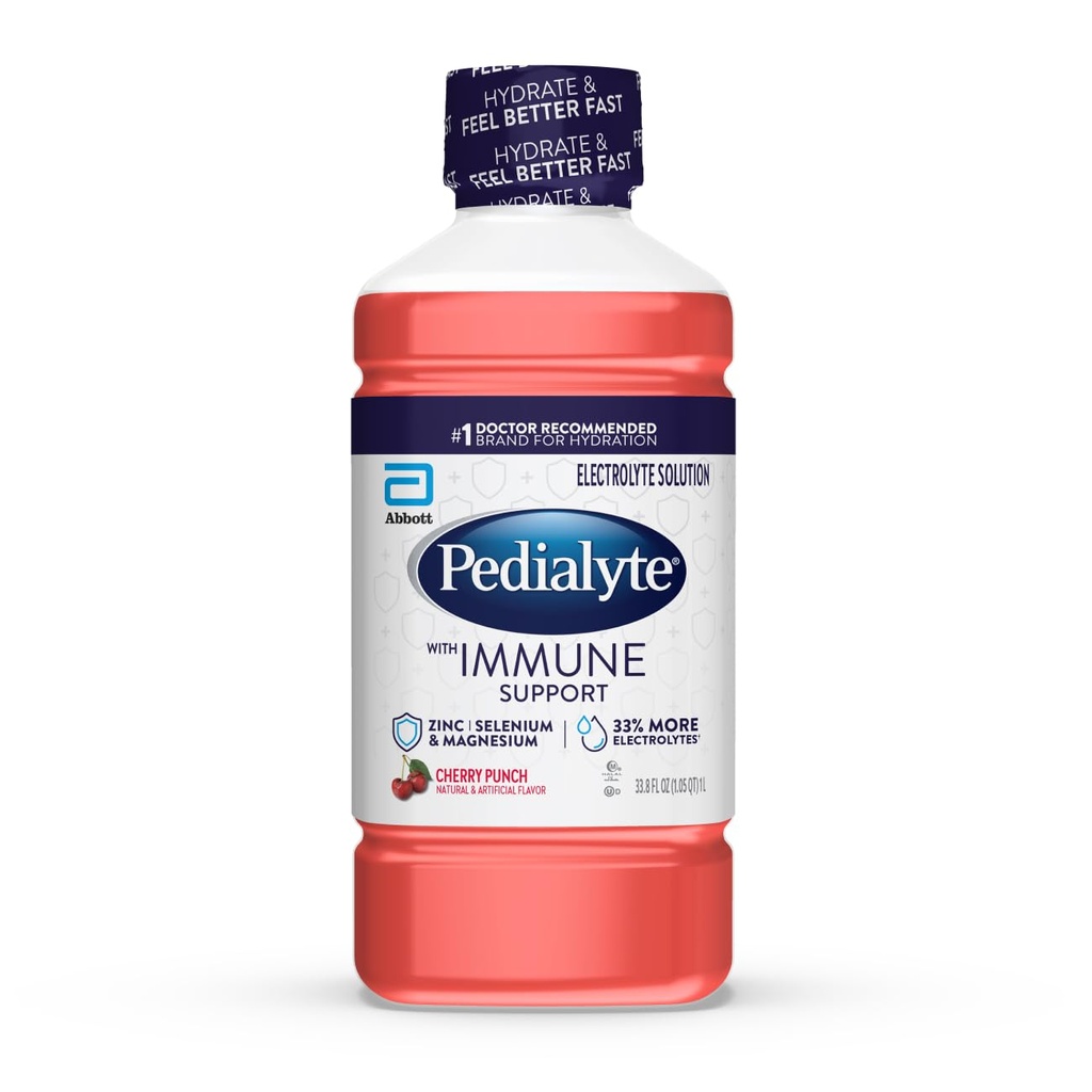 Pedialyte s Immune Support Electrolyte Solution, Hydratačný nápoj so zinkom, selénom a horčíkom, Cherry Punch, 1 Liter