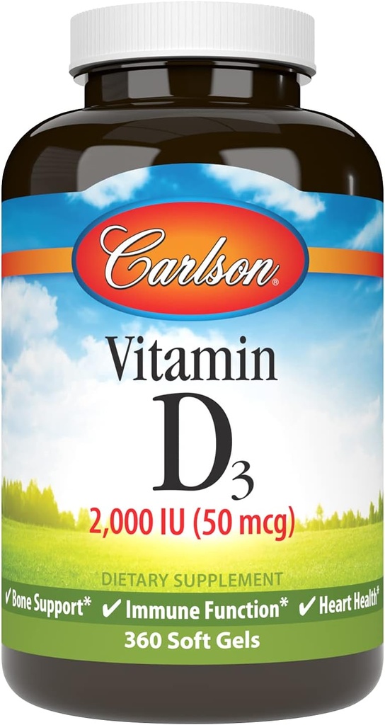 Carlson - vitamín D3, 2000 IU (50 μg), zdravie kostí, zdravie svalov, cholekalciferol, doplnky vitamínu D, mäkké gély vitamínu D3, 360 softgelov