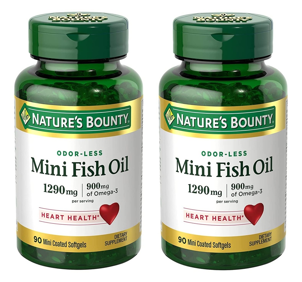Nature's Bounty Mini Fish Oil Softgels 1290 mg, Omega-3, podporuje zdravie srdca, Odor-Less, 90 Mini Coated Softgels - balenie 2