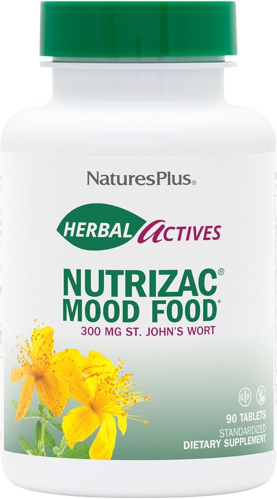 Natures Plus bylinné aktívne NutriZAC Mood Food - 300 mg St Johns Wort, 90 Vegan Bi- Layered Tablets - Maximum Potency Natural Mood Booster - Vegetarian, Gluten-free - 90 Servisov