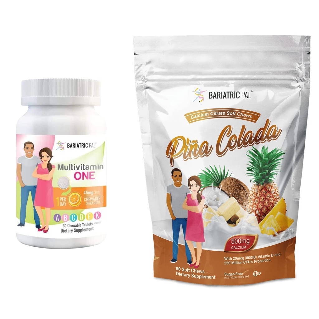 BariatricPal 30-Day Bariatric Vitamin Bundle (Multivitamin ONE 1 per Day! with 45mg Iron Chewable - Orange Citrus and Calcium Citrate Soft Chews 500mg with Probiotics - Piña Colada)