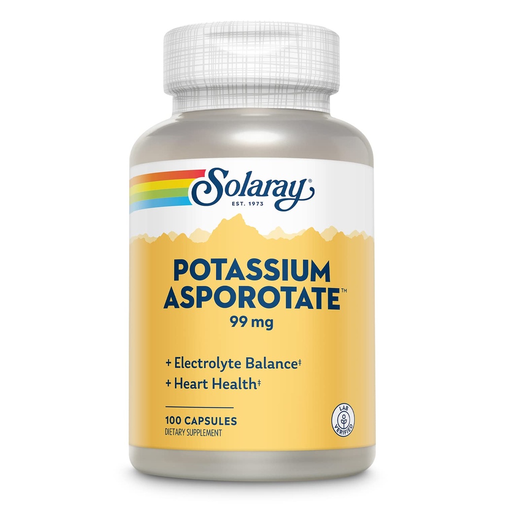 Solaray Draslík Asporotát Supplement, Electrolyte Balance & Heart Health Support, 100 Servings, 100 Kapsule