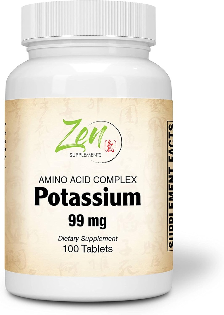 Zen Doplnky - Draslík 99 mg (Amino Acid) 100-Tabs - Fluid & Electrolyte Balance Formula - Srdce, Nerve & Muscle Function Podpora