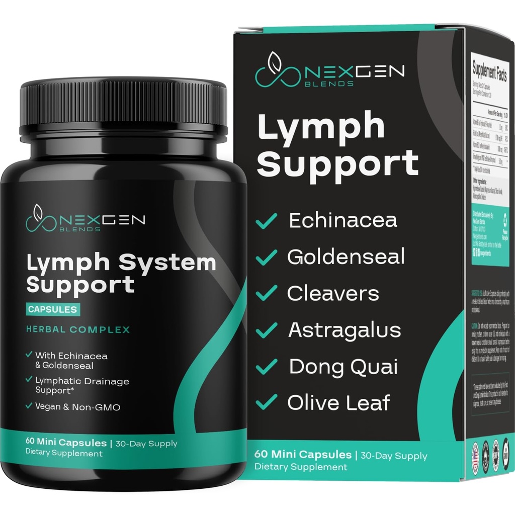 Bylinný Lymfový systém Suplement - Lymfatická podpora Komplex s Echinacea Goldenseal Astragalus & Hydroxytyrosol pre Lymfatické Drainage & Immune Support - Vegan Non-GMO Gluten Free (1 mesiac)