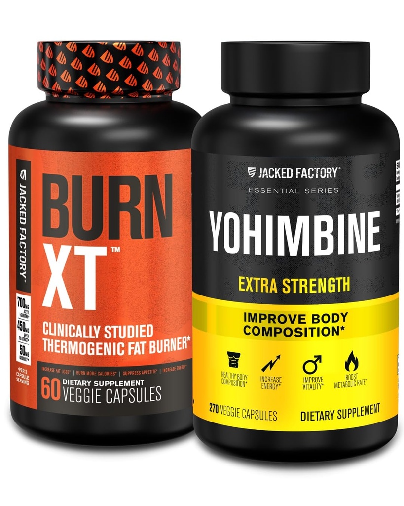 Jacked Factory Fat Burner s Yohimbine - Termogénny Doplnky pre mužov a ženy - Burn- XT Termogénny spaľovač tukov a Yohimbine Extra Strength Supplement 2,5 mg, 270 Kapsule