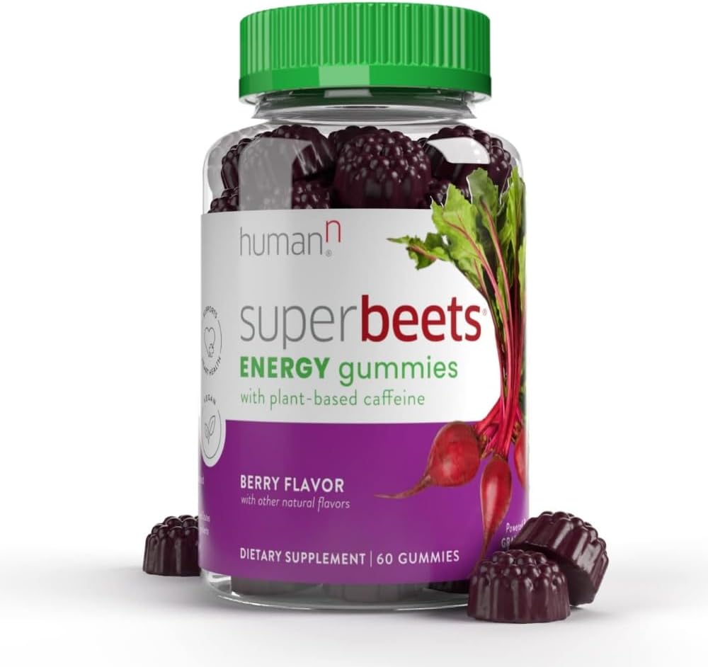 HumanN SuperBeets Energy Gumies - Rýchla energia a duševné zameranie - Pomoc zvýšiť oxid dusnatý - podporuje zdravý krvný tlak a podporu cirkulácie - Antioxidant, non-GMO - Berry Flavor, 60 Počet