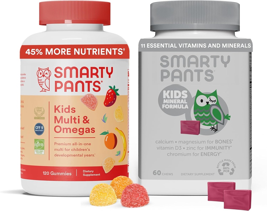 SmartyPants Kids Multivitamínové Gummies & Kids Minerálne žuvy: Multivitamín s rybím olejom Omega 3 (EPA/DHA) a multiminerál s citrátom horečnatým a vápnikom, 30-dňová dodávka