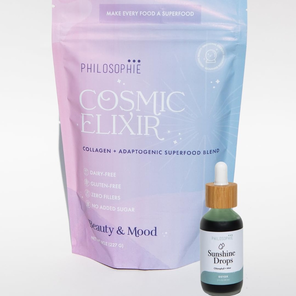 Filozofia Sunshine Drops & Cosmic Elixir Bundle - Tekutý chlorofyl a superfood prášok Blend - Všetky prírodné rastliny na báze 2pack