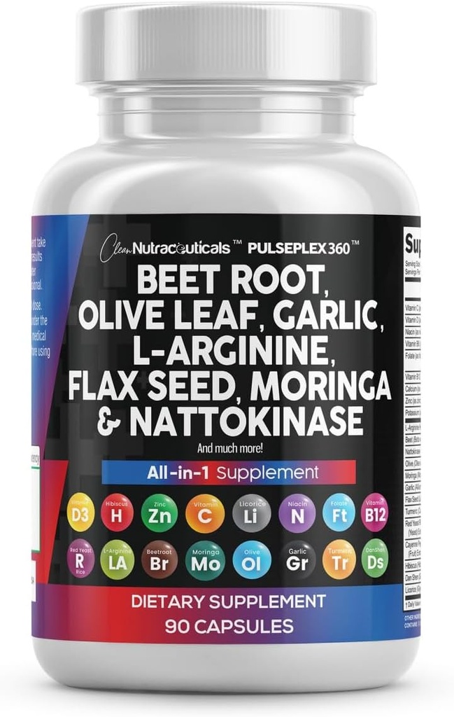 Clean Nutraceuticals Repeat Root Kapsule Olive Leaf Nattokináza Cesnak Extract L-Arginine Omega 3 Red Kvasnica Rice Hibiscus Danshen - Zdravá podpora doplnok - 90 Ct