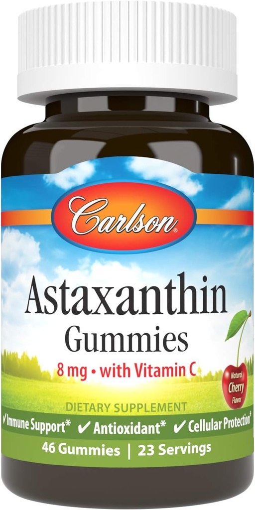 Carlson - Astaxantínové Gummy, s vitamínom C, Imunitná podpora, Antioxidant, zdravie srdca, non-GMO, Cherry Flavor, 46 Vegetariánske Gummy