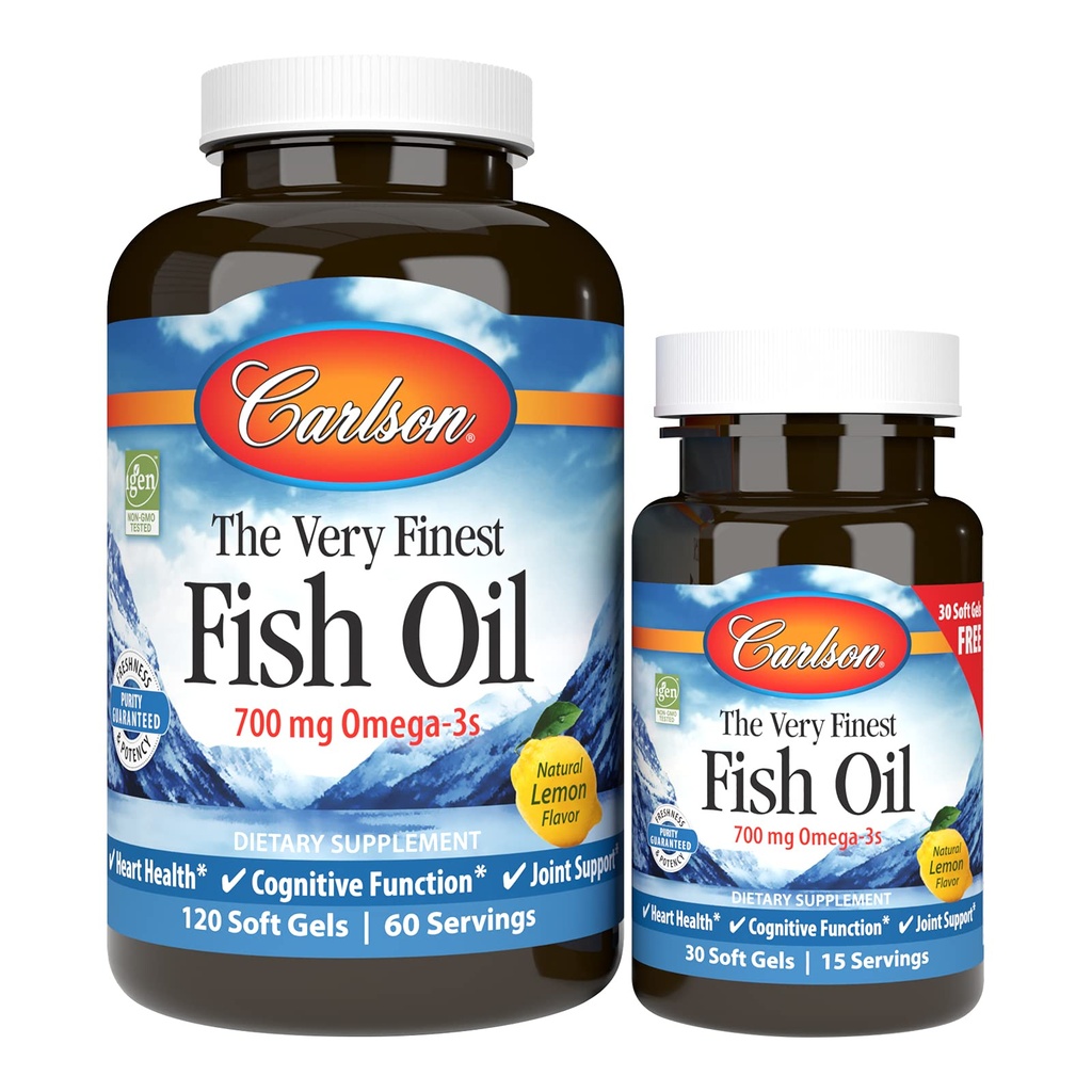 Carlson - Veľmi najjemnejší rybí olej, 700 mg Omega-3s, Nórčina, Udržateľne Zdroj, Citrón, 150 Počet