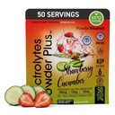 Powder Electrolytes Plus (50 porcií), 0 kalórií Keto, 0 cukrov, bez maltodextrínu, 1000 mg draslíka, 120 mg vápnika, 120 mg horčíka, hydratačný prášok (50 porcií, jahodová uhorka)