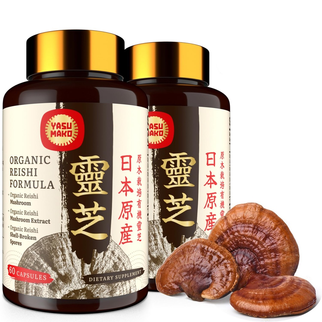 Japanese Reishi Mushroom Supplement 800mg with Reishi Mushroom Extract 500mg & Shell-Broken Spores 200mg,Organic Mushrom Capsules for Immune System - Real Fruiting Body (Stock of 2)