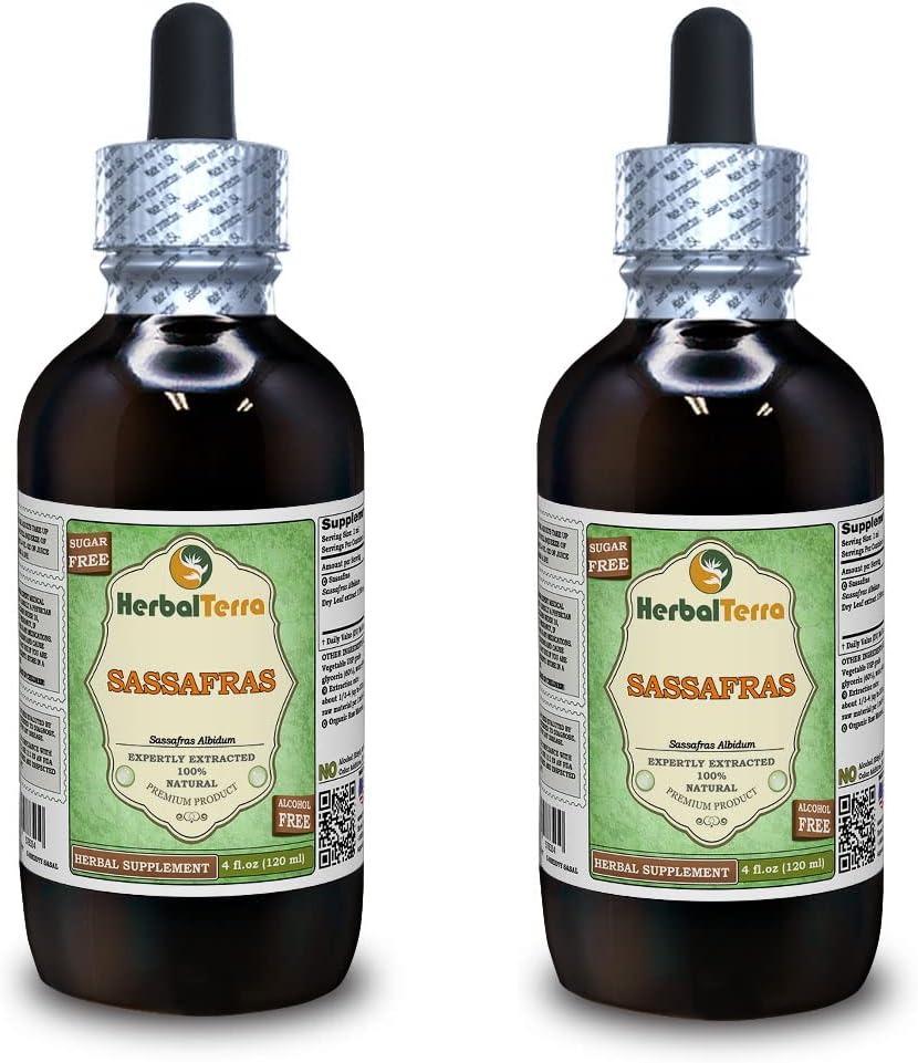 Organické Sassafras (Sassafras Albidum) Glycerit, sušené listy bez obsahu alkoholu Tekutý extrakt (meno: bylinnýTerra, hrdo vyrobené v USA) 2x4 fl.oz (2x120 ml)