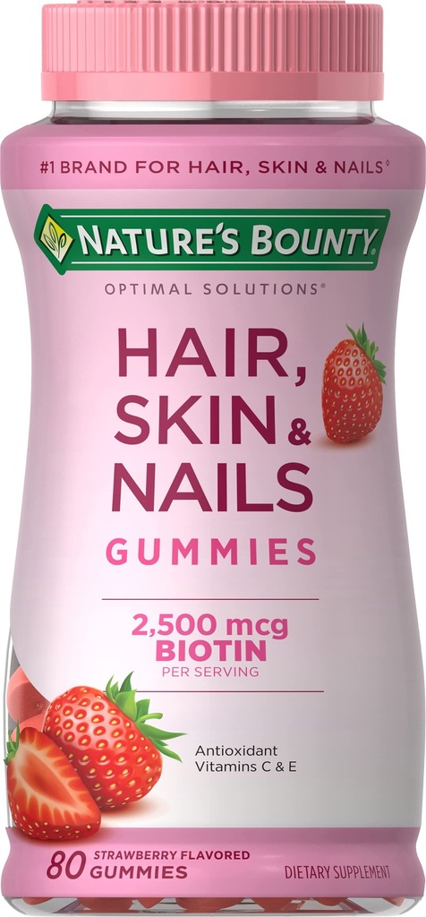 Nature's Bounty Optimal Solutions Vlasy, koža a nechty Vitamínové Gummy s biotínom, 2500 μg, Jahoda, 80 gróf, 40 total Servíry