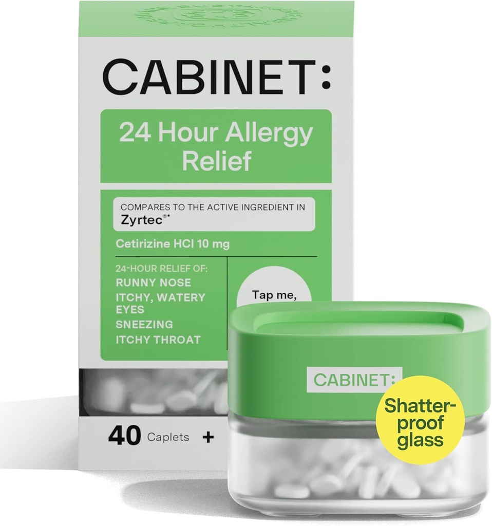 Kabinet: Allergy Relief Cetirizine 10mg pre non-Drowsy Relief from Common Alergy Symptómy (Refillable Glass Jar)