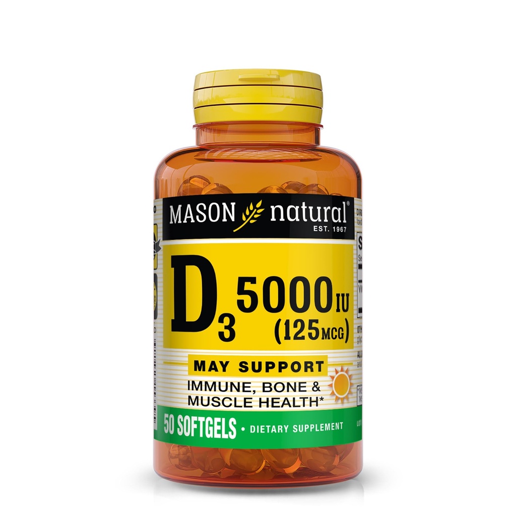 MASSON NATURAL Vitamin D3 125 μg (5000 IU), podporuje kosti, svalovinu a imunitné zdravie, z rybieho pečene oleja, 50 softgelov, balenie po 3
