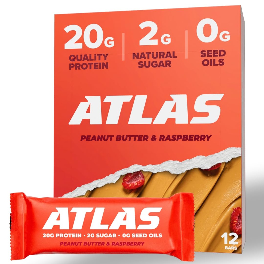 Atlas Protein Bar, 20g Protein, 1g Cukor, čisté zložky, bez lepku (Peanut Butter Raspberry, 12 g Count (Pack of 1))