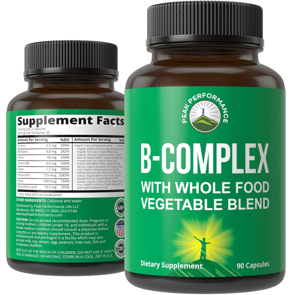 Vitamín B Complex Kapsule + Celo potravín Zmes 25 Zelenina a ovocie na Max. Absorpcia. Najlepšie Vegan B- Complex doplnok s vitamínom B1, B2, B3, B5, B6, B7, B9 a B12. 90 Kapsule. Zvýšenie energie