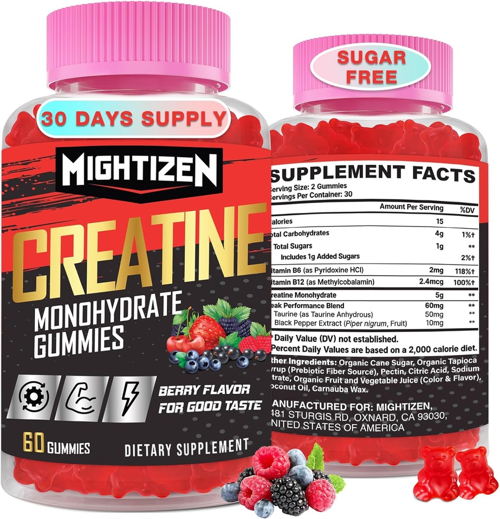 Monohydrát kreatínu Gummy pre mužov a ženy, Kreatín pre ženy Žuvačky Kreatín Monohydrát s taurínom a vitamínom B12, Gumičky pred cvičením pre maximálnu silu, energiu a vytrvalosť, Berry 60 Počet