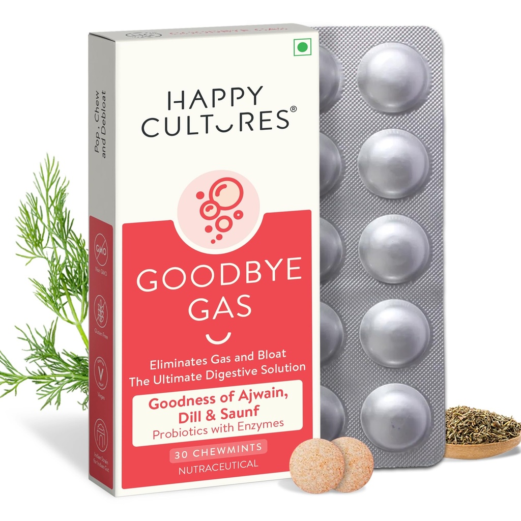 Happy Cultures Goodbye Gas, Chewable Gas Relief Capsulas od Digestive Health, Bloating and Insliance with Simeticone 50mg - 30 Chewables