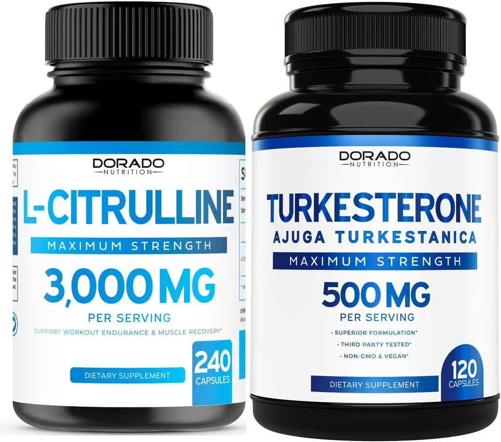 L Citruline Supplement (240 gróf) L Arginín a oxid dusnatý - Vytrvalosť, Vytrvalosť, Výkon pre tréningy a Turkesterone (120 gróf) Atletický výkon a svalová hmota Podpora - Vegan & USA Made