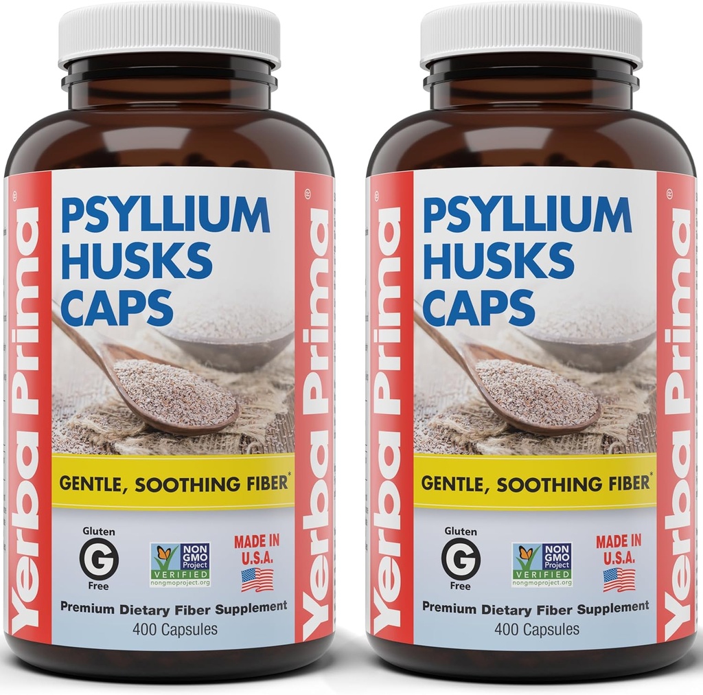 Yerba Prima Psyllium Husks Caps, 625 mg, 400 kapsúl (Pack of 2) - Natural Fiber for Men and Women - Regularity Suplement