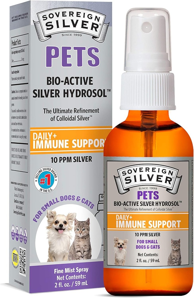 Zvrchované strieborné zvieratká Imunitná podpora, Koloidné striebro, Bio-Active Silver Hydrosol, pre psy a mačky, 10 ppm, Fine Mist Spray, 2 Fl Oz