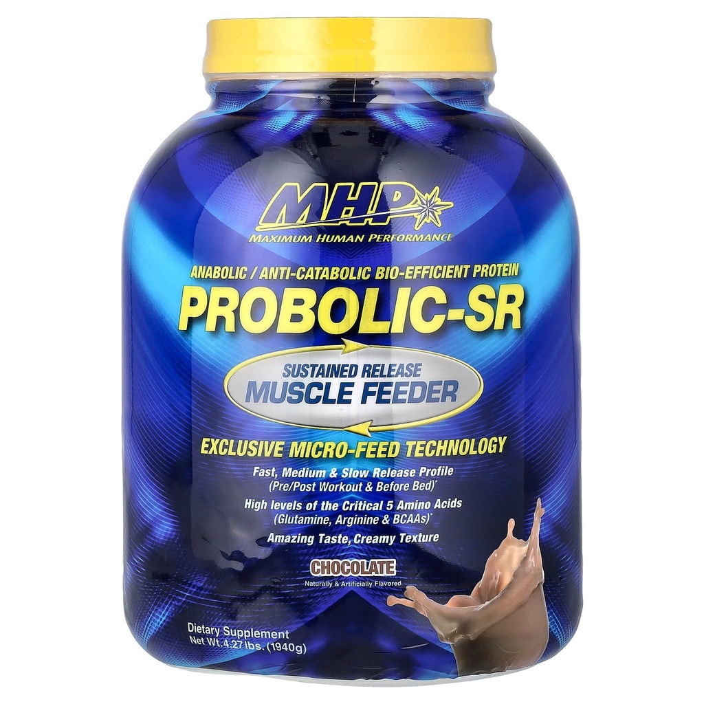 Maximum Human Performance Probolic-SR Protein Powder Trvalé uvoľňovanie Protein, 24g Protein, BCAAs, Glutamín, Arginín, Pre-Workout, Post-Workout, Nighttime Protein, 4lbs, 52 Servings, Čokoláda