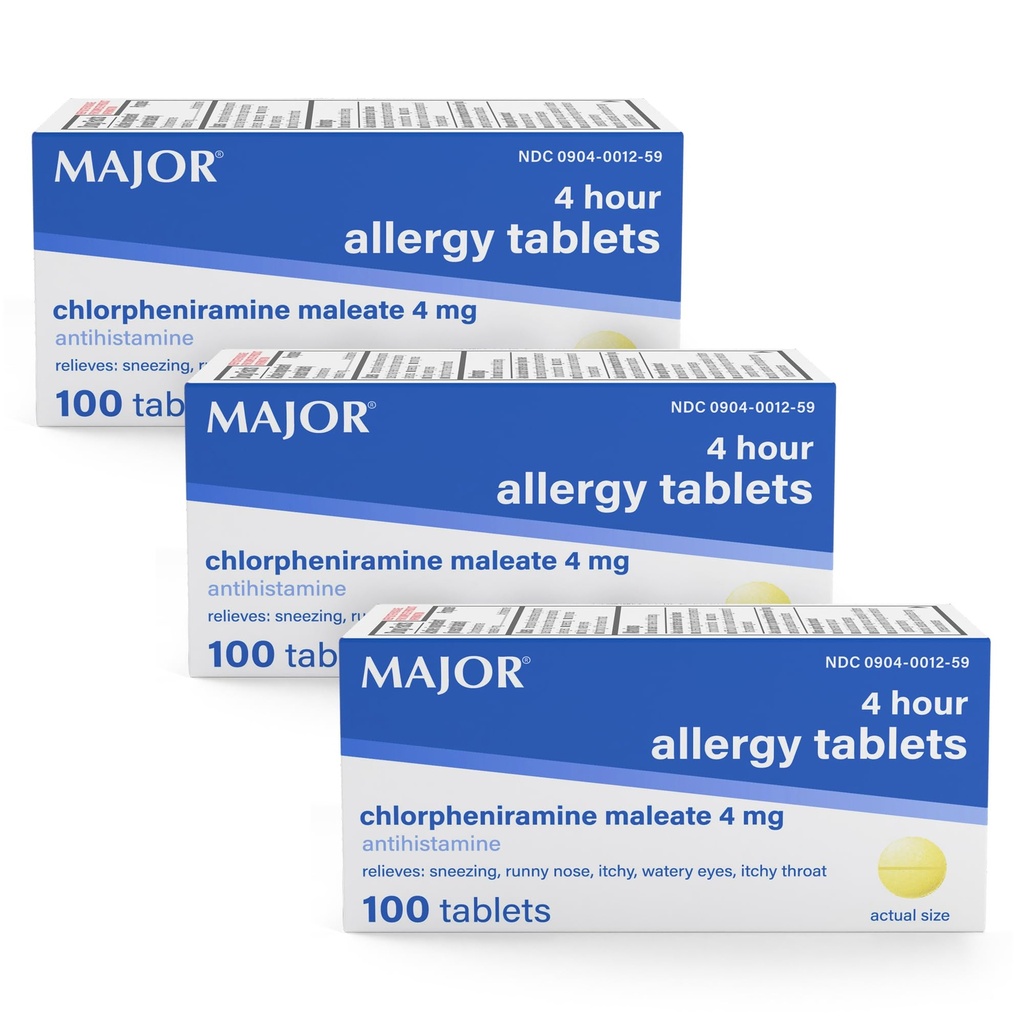 MJOR 4 Mg Alergické tablety - Chlorfeniramín Maleát 4-hodinová alergia liek - Antihistaminikum pre úľavu sipotu, svrbenie vodnaté oči, svrbenie hrdla, a Runny Nose - 100 Počet (3 balenia)