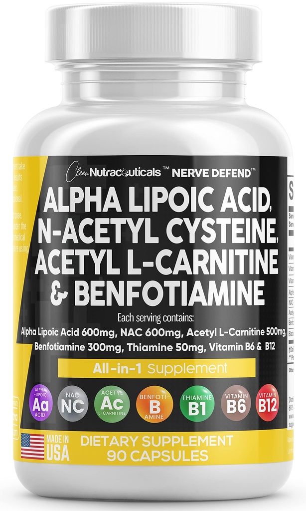 Alfa Kyselina lipoová 600 mg N-acetylcysteín 600 mg Acetyl L-karnitín 500 mg Benfotiamín 300 mg - Nerve Suplement Suplement for Women and Men with Vitamin B1 B6 & B12 - Made in USA 90 Caps