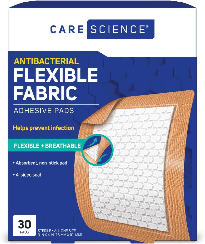 Care Science Fabric Adhezive Pad Bandages, 3x4 palcov extra veľký flexibilný nestick strip, pomáha predchádzať infekcii, priedušná ochrana, pre prvú pomoc a starostlivosť o rán, 30 Počet