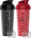 VELOMIX -2 Pack- 28 oz Protein Shaker Bottles for Protein Mixes - 2x Wire Whisk | Leak Proof Shaker Cups for Protein Shakes | Protein Shaker Bottle Pack | Shakers for Protein Shakes - Black&Red