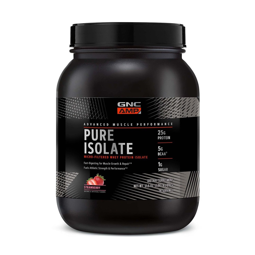 GNC AMP Pure Isolate Swhey Protein Powder, Muscle Growth, Recovery, Performance, 25g Protein, 5g BCAA, 1g Cukor, 130 kalórií alebo menej, 3. Party tested, Gluten Free, Strawberry, 28 SVG